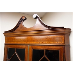  Edwardian inlaid mahogany corner cabinet, swan neck pediment, four astragal glazed doors, cabriole legs, W72cm, H209cm, D40cm  