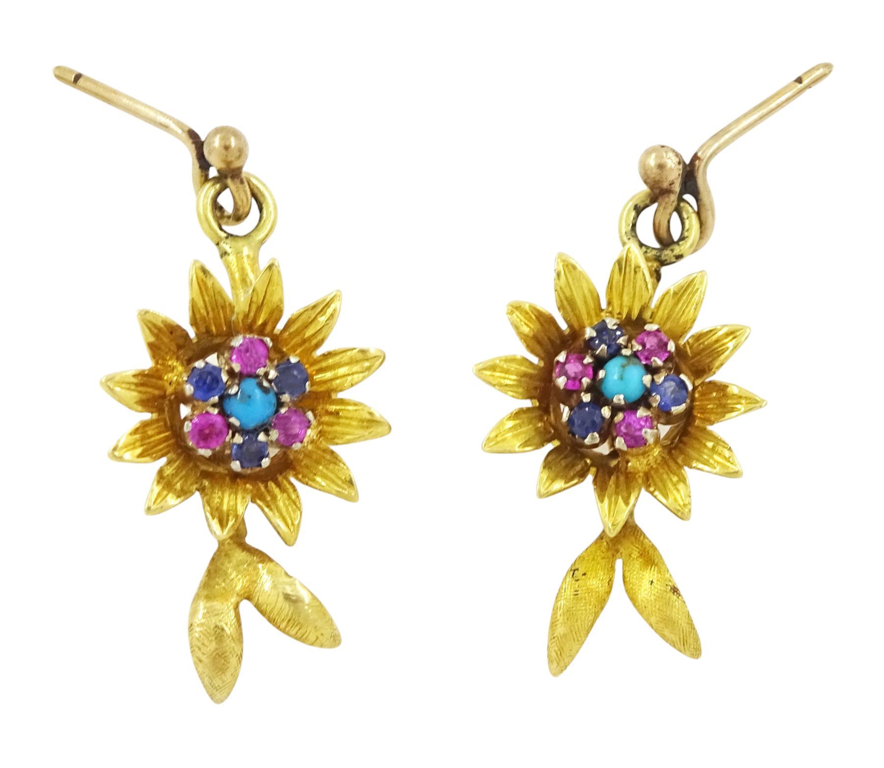 Pair of 18ct gold ruby, sapphire and turquoise earrings, each stud suspending a flower head set with single turquoise, surrounded by six alternate rubies and sapphires, stamped K18