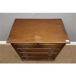  Mid to late 20th century small oak chest with panelled sides, two short and three long drawers, W76cm, H80cm, D46cm  