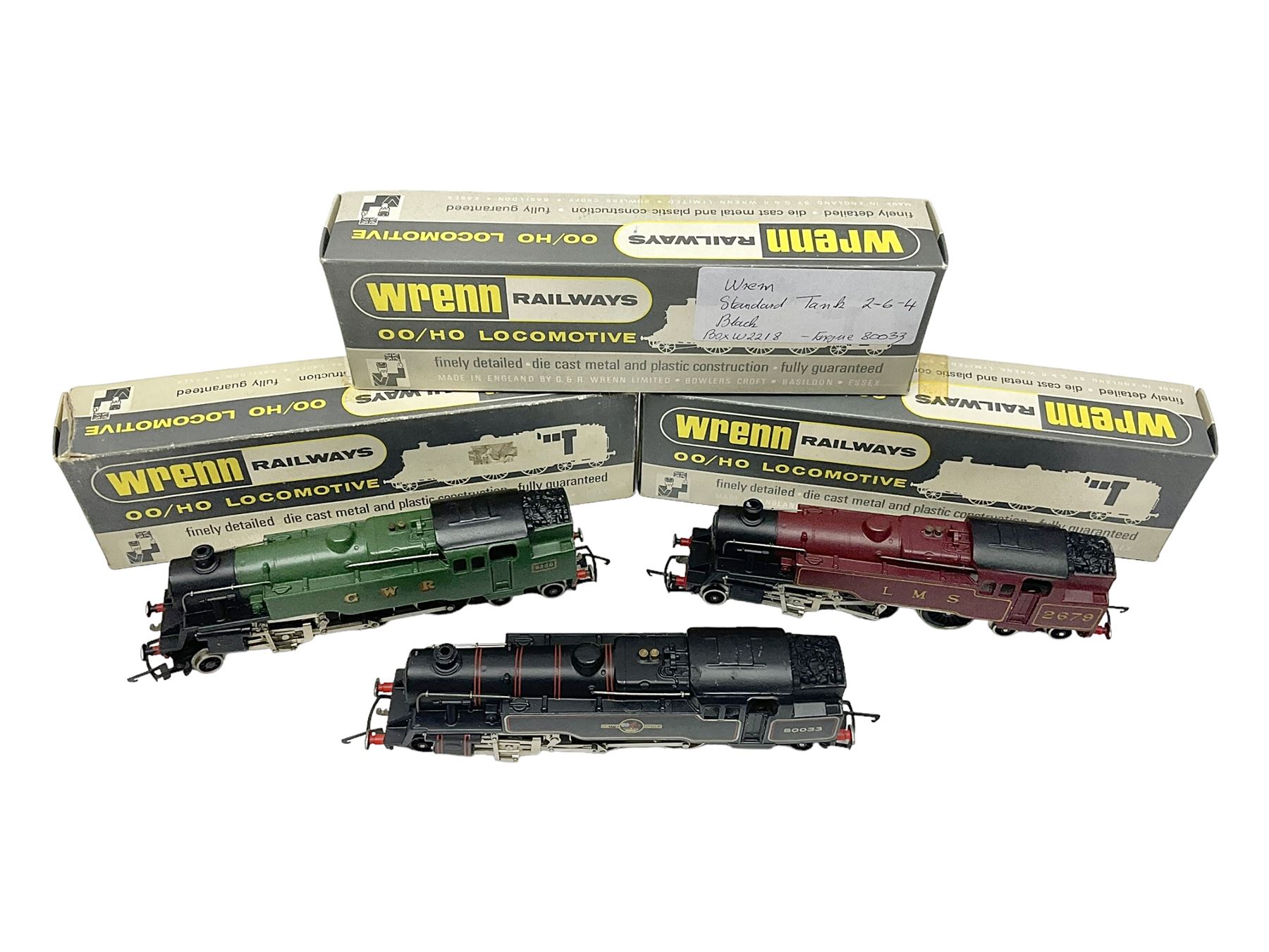 Wrenn '00' gauge - three 4MT Standard 2-6-4 tank locomotives - No.2679 LMS Lined Maroon; boxed with instructions; No.8230 in GWR Green; and No.80033 in BR Lined Black; both in associated Wrenn boxes (3)