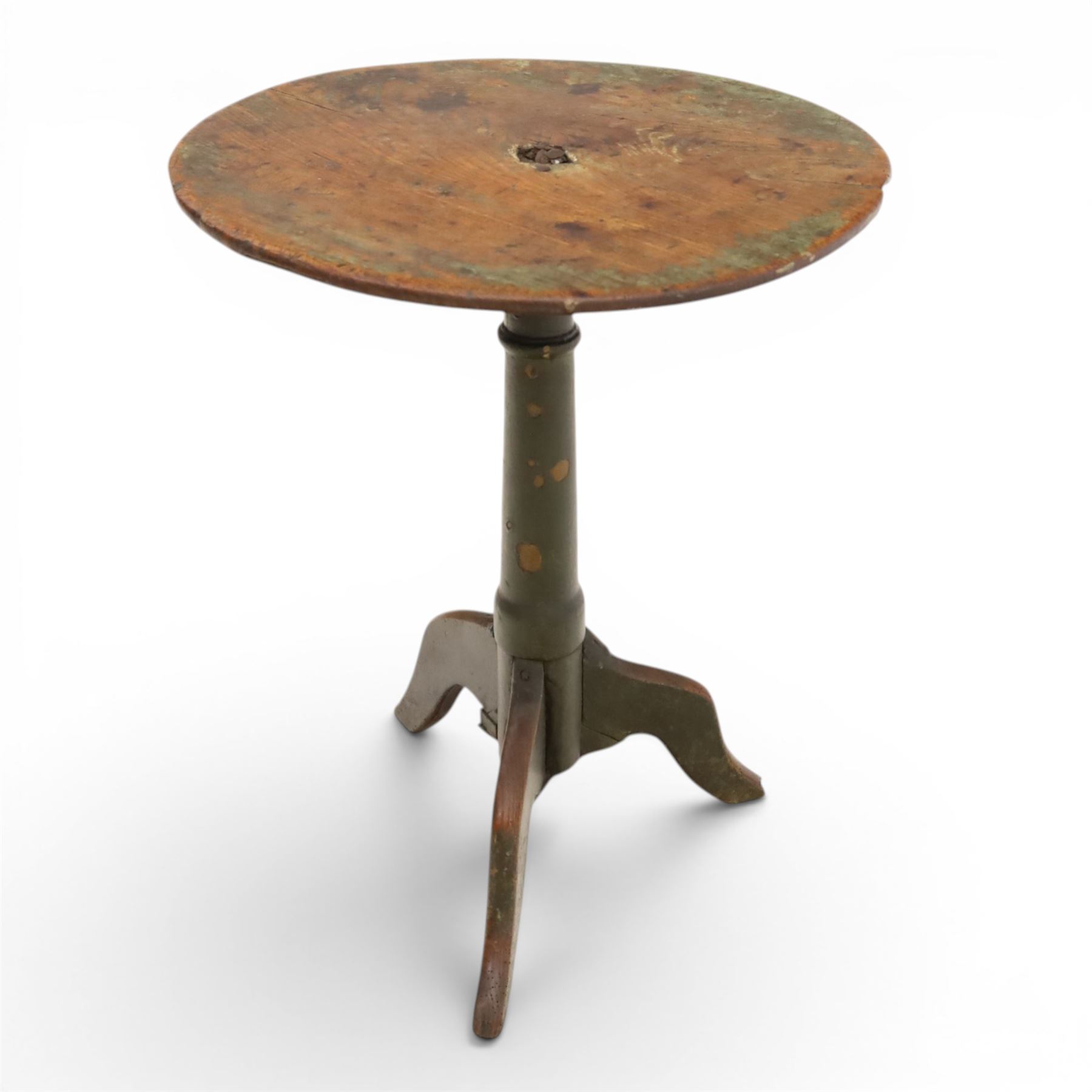 18th century primitive circular occasional table, single plank top with visible join, raised on turned column and splayed tripod base with shaped feet