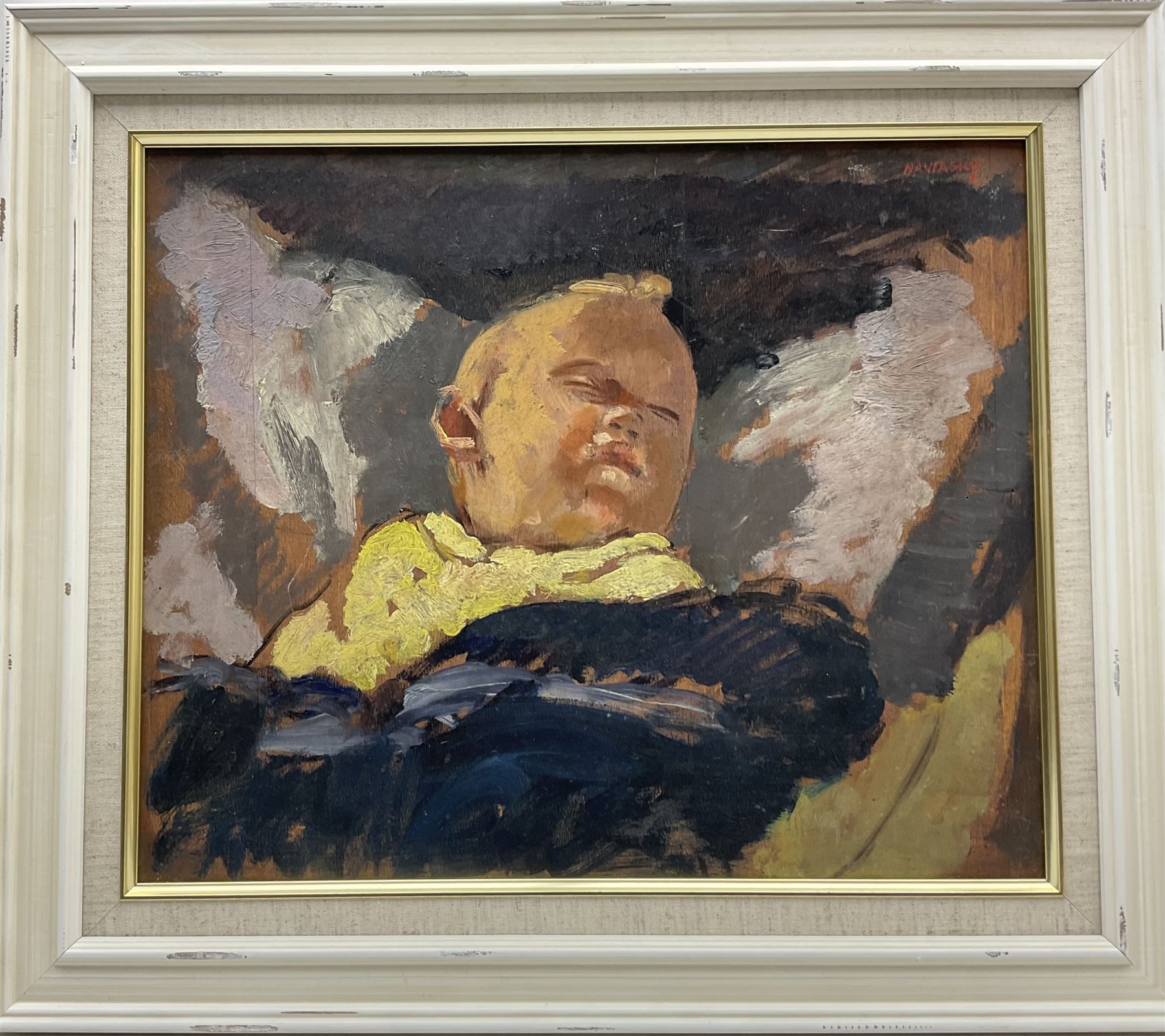 Philip Naviasky (Northern British 1894-1983): The Artist's Daughter Sonia Asleep, oil sketch on panel signed 37cm x 45cm 
Provenance: Chorley's Auction, 31st January 2017, Lot 406 sold as 'Sleeping Baby'. See associated pencil sketch in this sale Lot 18 executed at the same time, and supporting letter from Millie Naviasky stating the drawing of Sonia was done in 1935