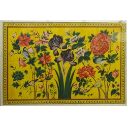  Large oriental painted silk panel depicting flowers and birds 80.5cm x 117cm  