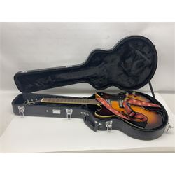 DeArmond Guild Star Fire Custom semi-acoustic guitar c2009 with tobacco sunburst finish and USA DeArmond gold foil pick-ups; serial no.KC9091266; L104cm; in Spider carrying case