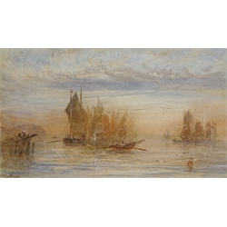  George Weatherill (British 1810-1890): Fishing Boats Becalmed at Sunset Whitby, watercolour signed 12.5cm x 20.5cm  Provenance: with Walker Galleries Harrogate, label verso  