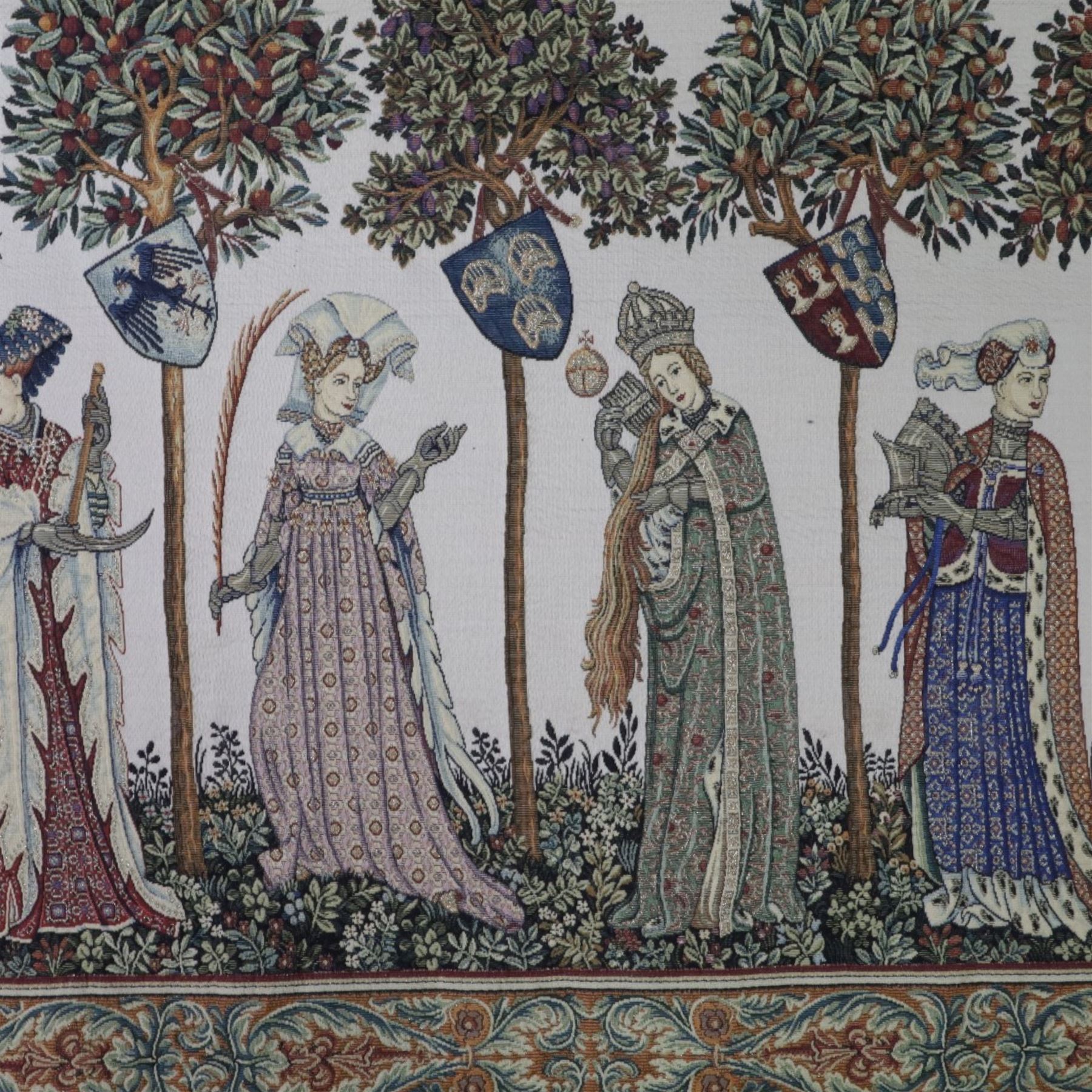 La Manta tapestry wall hanging, by Hines of Oxford, after teh 1420 fresco by Giacomo Jaquerio in the great hall at Casello Della Manta, H65cm, L130cm