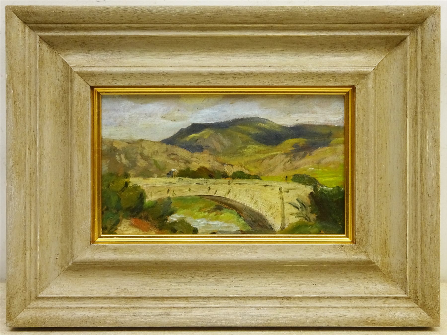 George Faulkner Wetherbee RI, ROI (American 1851-1920): Land Beach and Village scenes, set four oils on panels, one signed verso 13cm x 23cm (4) 