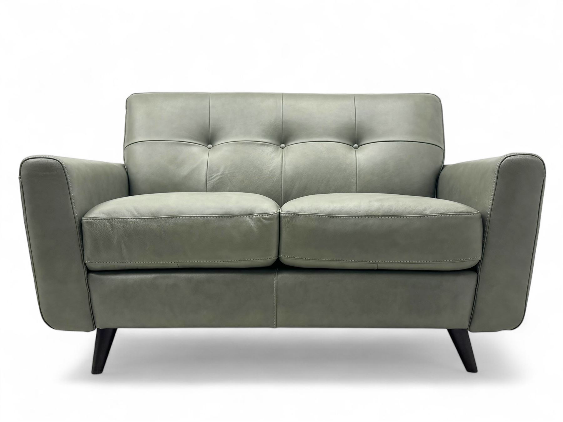 DFS - contemporary 'Camper' two seat sofa, upholstered in French grey leather with button back detailing, on splayed supports (W144cm, D84cm, H76cm); matching armchair (W90cm, D84cm, H76cm)