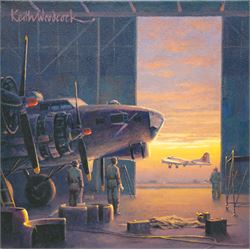 Keith Woodcock (British Contemporary): Dawn take-off 1945 - American B-17, oil on canvas signed, titled verso 30cm x 30cm