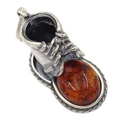 Silver amber and pearl boot pendant / charm, stamped 925