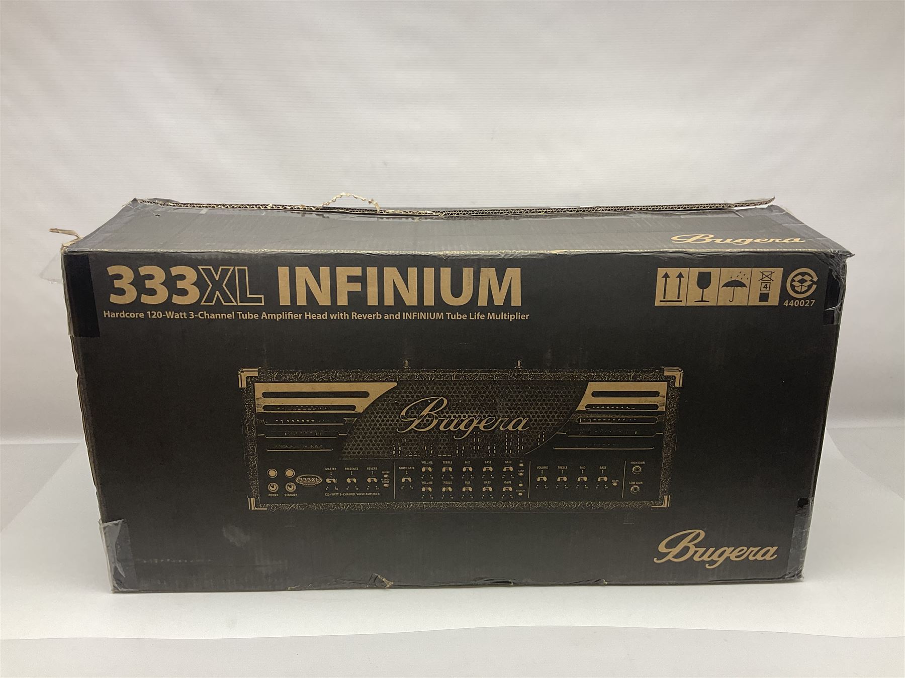 As new Bugera 333XL Infinium Hardcore 120-watt 3-channel tube amplifier head with reverb and Infinium tube life multiplier; date code 1507; number S1500576AAC L69cm; boxed with foot controller, power cable and paperwork