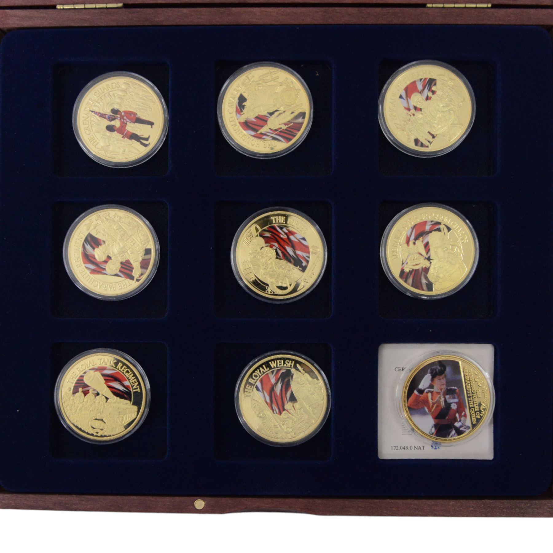 Viners Kings Royale canteen of cutlery and commemorative coins, including The Royal Regiments, all in wooden cases
