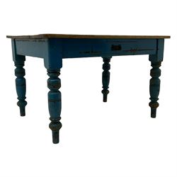 Victorian rustic painted pine kitchen table,  rectangular stripped top, the blue painted base fitted with single drawer, on ring turned supports