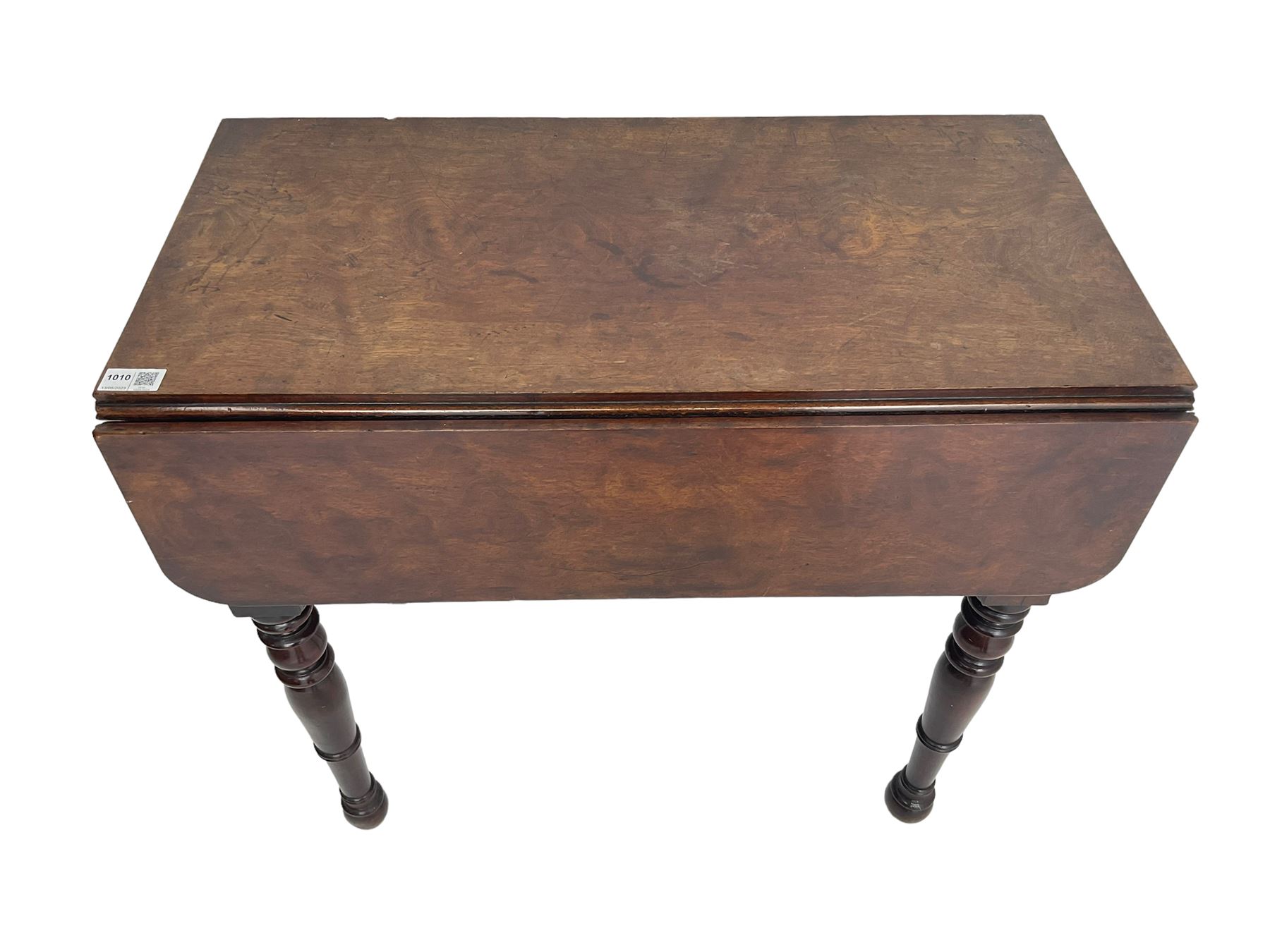19th century walnut drop leaf side table, rectangular top with reeded edge, fitted with secret compartment with button action, leaf functions as hinged door enclosing cupboard, raised on turned supports