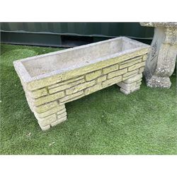 Cast stone garden bench, and two rectangular planters on plinths - THIS LOT IS TO BE COLLECTED BY APPOINTMENT FROM DUGGLEBY STORAGE, GREAT HILL, EASTFIELD, SCARBOROUGH, YO11 3TX
