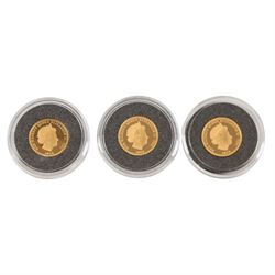 Queen Elizabeth II Tristan da Cunha 2010 'Year of Three Kings' gold proof three coin set, comprising three one crown coins, issued by The London Mint Office, cased with certificate