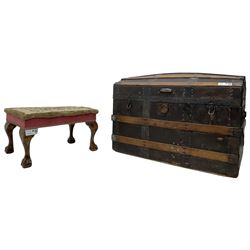 Victorian travelling trunk, hinged domed top, bound in etched leather and wooden slats with wrought metal fittings (W77cm, H54cm, D47cm); small 20th century stained beech footstool with floral needlework seat, on cabriole feet (48cm x 33cm, H29cm)
