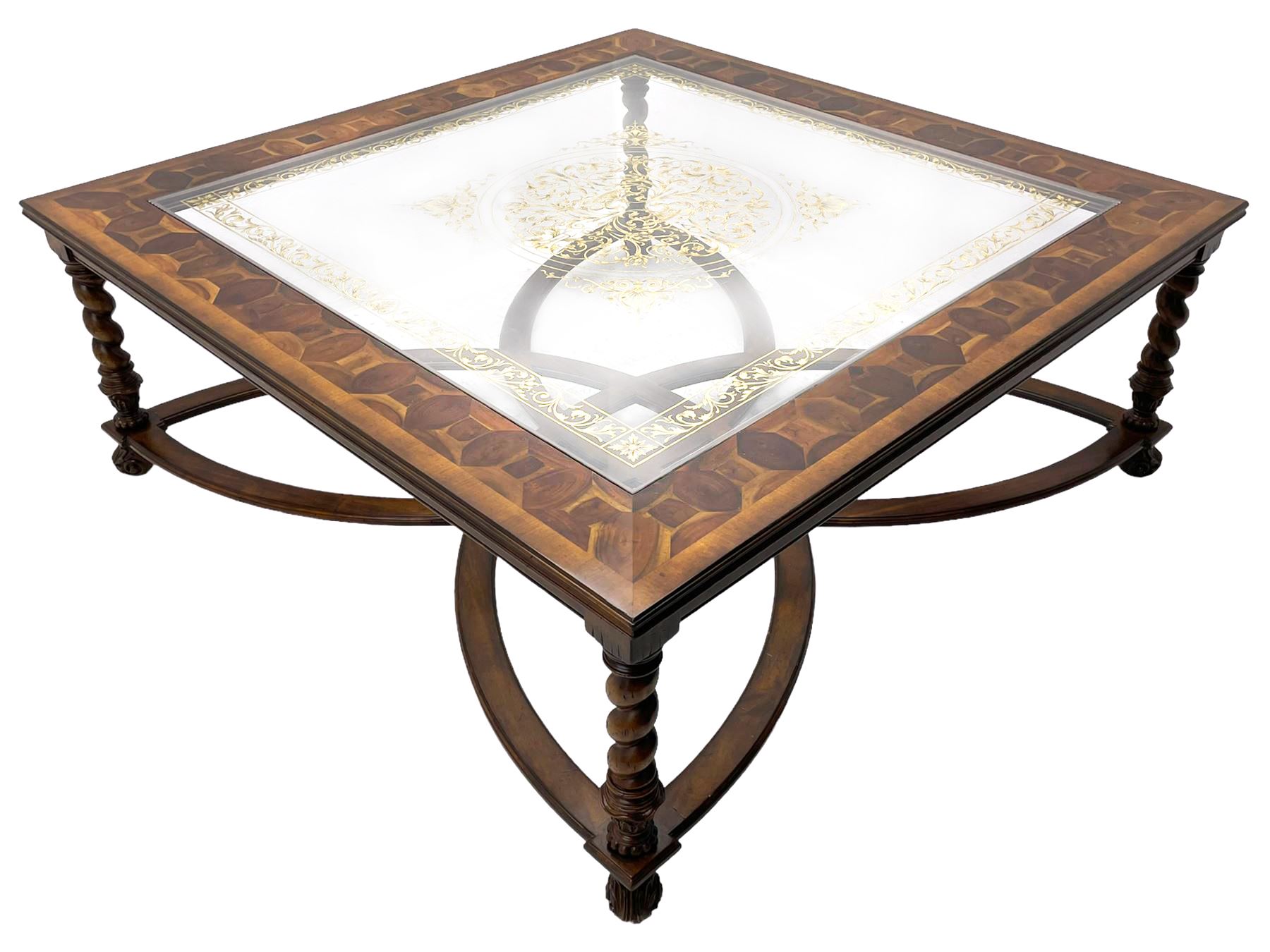 Jonathan Charles - large mahogany coffee table, the square oyster veneered top with verre églomisé inset, the glass hand-painted with gilt scrolling foliate patterns, raised on spiral turned supports with acanthus and gadroon carvings, united by interlocking demi-lune stretchers, on scrolled acanthus feet