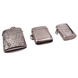Victorian silver vesta case, with engraved vacant cartouche and scroll decoration, hallmarked Minshull & Latimer, Birmingham 1895, H5.5cm, together with a smaller Victorian plain silver example, hallmarked Deakin & Francis Ltd, Birmingham 1897, and another later plain silver example, stamped 925 Sterling, approximate total weight 3.18 ozt (99 grams)
