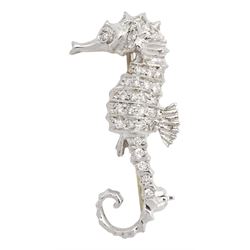 18ct white gold round brilliant cut diamond seahorse brooch by Mozafarian, London import marks 1989
