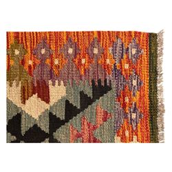 Afghan Maimana Kilim flatweave runner, handwoven with a deep teal ground showcasing a vibrant multicoloured diamond-lattice design in the traditional Maimana style, enclosed by stylised borders and finished with fringed edges 