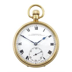 9ct gold open face Swiss lever, 17 jewels pocket watch by Collinwood 'Watchmakers to the Admiralty', white enamel dial with Roman numerals and subsidiary seconds dial, case by Aaron Lufkin Dennison, Birmingham 1934, in fitted case