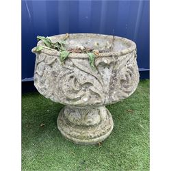 Composite stone scalloped urn on tall square plinth (H85cm), composite stone low planter with scrolled decoration (H45cm), large planter decorated with masks and foliage swags (H51cm) - THIS LOT IS TO BE COLLECTED BY APPOINTMENT FROM DUGGLEBY STORAGE, GREAT HILL, EASTFIELD, SCARBOROUGH, YO11 3TX