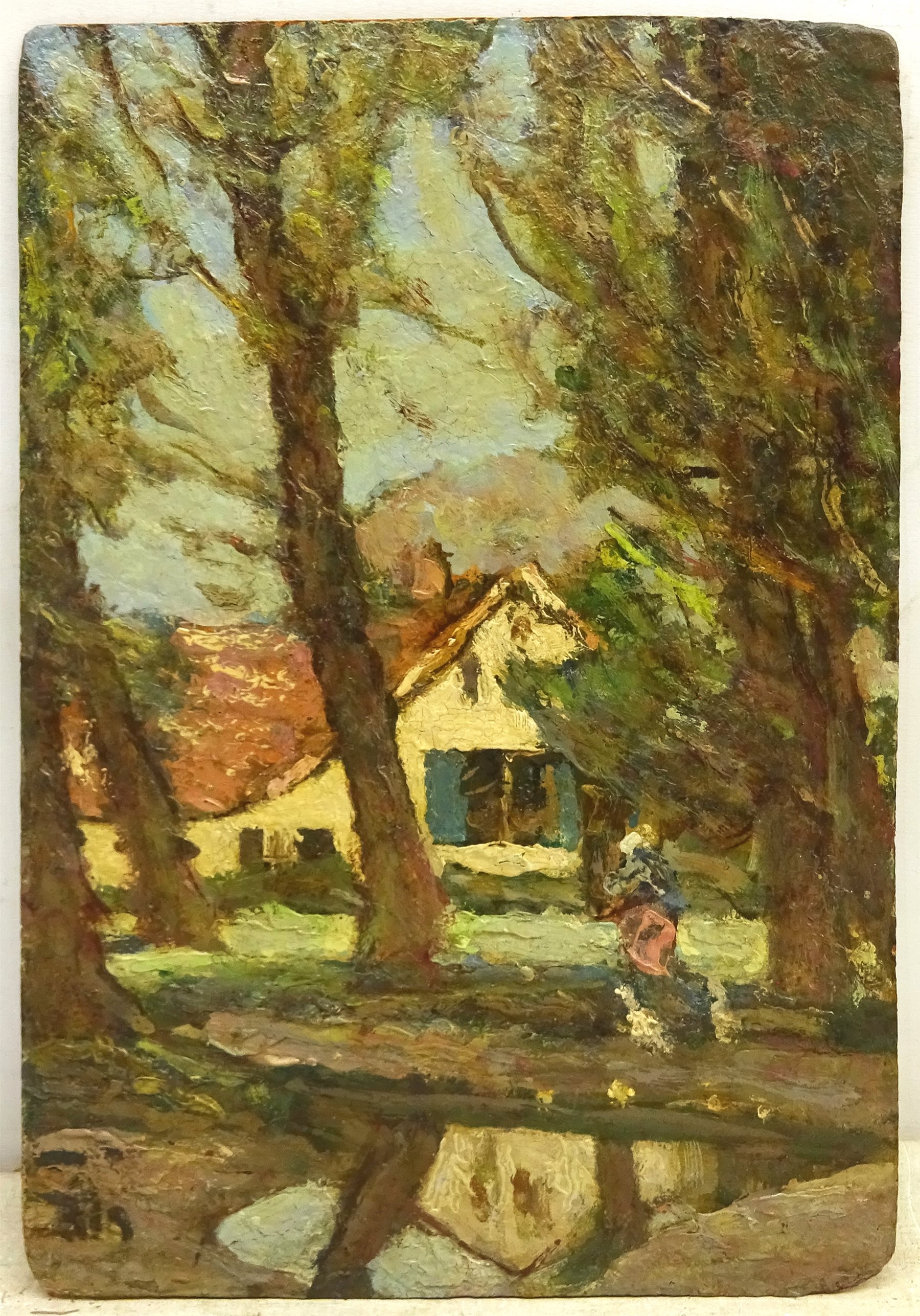 William (Fred) Frederick Mayor (Staithes Group 1866-1916): Rural Cottages Montreuil?, oil on French artist's board signed with initials, figurative sketch verso 30cm x 19cm (unframed)