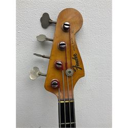 1963 Fender Jazz three-knob bass guitar; impressed with date code 7AUG63A on end of neck and serial no.L08587 on back plate; all original but re-finished in white in the 1970s; sold with photographs of the instrument in the 1960s with original finish and in the 1970s re-finished; L117.5cm; in original hard carrying case; Provenance: the professional guitar of Howard Livett from new to his death in 2005. Howard played in The Humperdincks, the backing group for Englebert Humperdinck, also played in the backing group for Max Bygraves and in the band Hedgehoppers Anonymous. The guitar is also sold with a manuscript letter of provenance from Howard's wife.