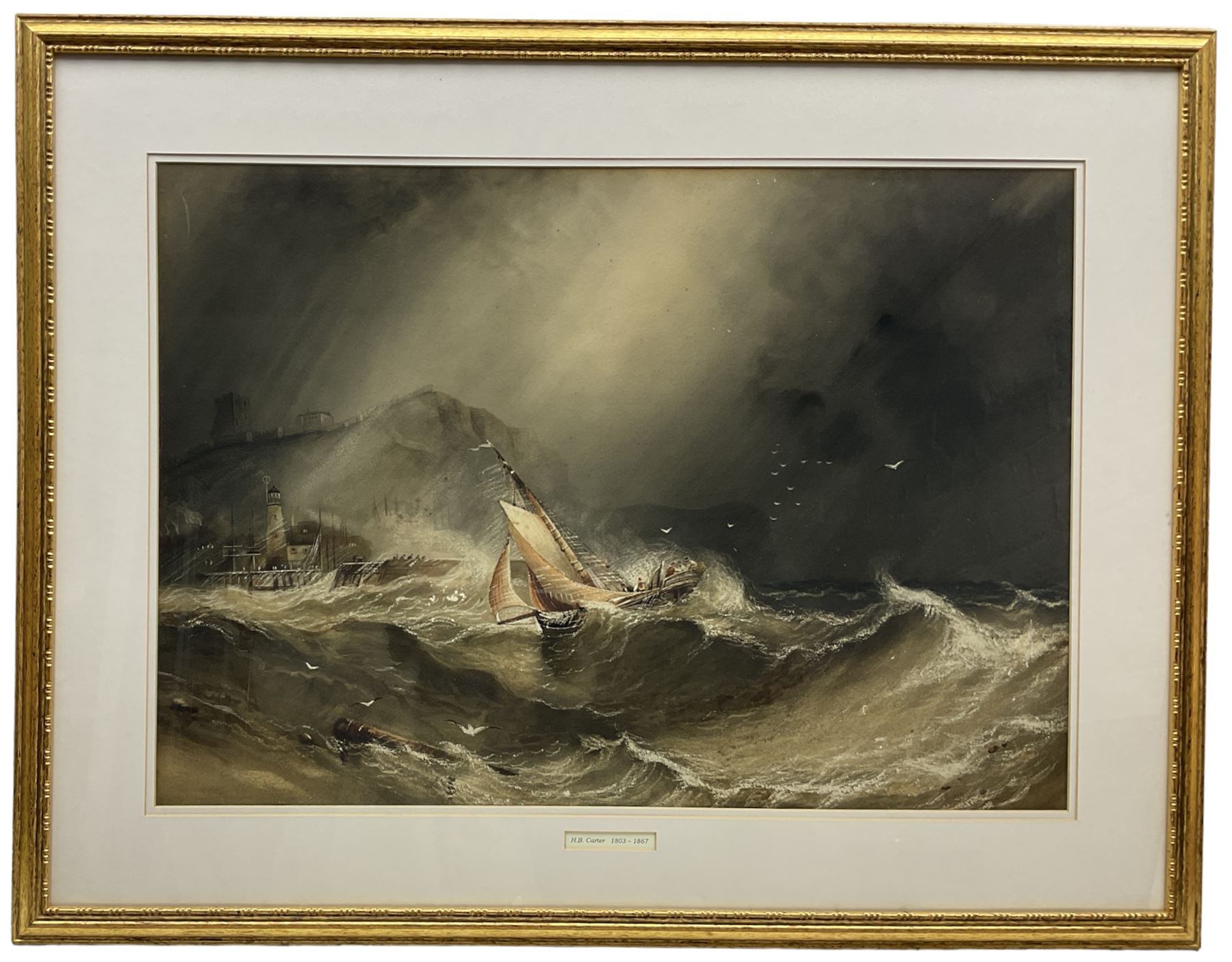 Henry Barlow Carter (British 1804-1868): Fishing Smack returning to Scarborough Harbour in Stormy Weather, watercolour with scratching out unsigned 50cm x 71cm 
Provenance: private collection, purchased David Duggleby Ltd 9th December 2013 Lot 104; with James Starkey Fine Art, Beverley, label verso