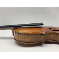 German violin c1900 for re-assembly with 36cm two-piece maple back and ribs and spruce top; L59cm; in ebonised wooden 'coffin' case with two bows
