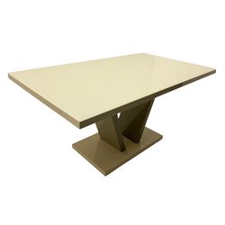 Modern piano finish painted dining table with glass top, and four high back chair