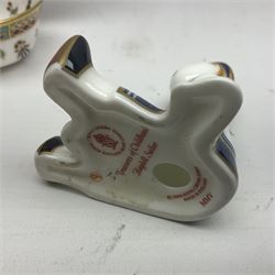 Royal Crown Derby Treasures of Childhood cabaret set, comprising tray, milk jug, sucrier, teacup and saucer, together with two Royal Crown Derby Treasures of Childhood paperweights Fleur and Ragdoll Sailor and Teddy bear paperweight, all paperweights are without stoppers