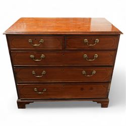 19th century mahogany chest, rectangular moulded top over two short and three long graduated drawers, each with satinwood stringing and shaped ebony inlaid panels, fitted with brass swan neck handles, raised on bracket feet