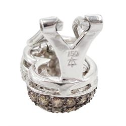 Pair of 18ct white gold pave set, round brilliant cut white and fancy brown diamond stud earrings, stamped 750
