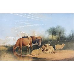 Attrib. Thomas Sidney Cooper (British 1803-1902): Cattle and Sheep at Rest in Open Pasture, watercolour signed 25cm x 39cm