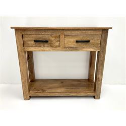 Contemporary hardwood side table, two drawers and under tier