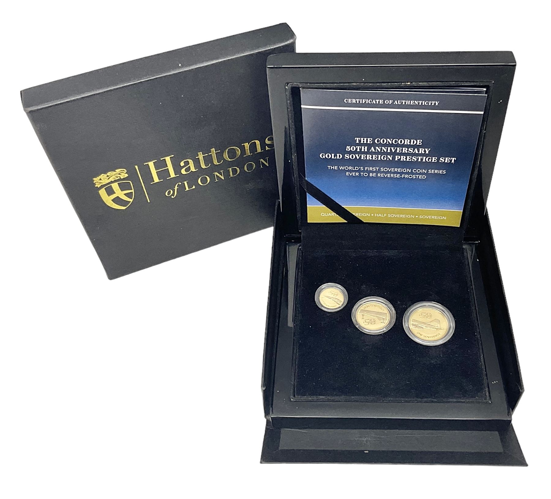 Queen Elizabeth II Gibraltar 2019 'The Concorde 50th Anniversary Gold Sovereign Prestige Set', comprising full, half and quarter sovereigns, cased with certificate, together with various items of Concorde memorabilia including cased binoculars, flight certificate for Heathrow to Moscow, 'Concorde Through The Lines' photographic tribute book etc