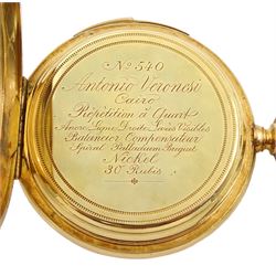 18ct gold full hunter keyless quarter repeating lever pocket watch, the gold inner dust cover engraved 'No 540 Antonio Veronesi Cairo', white enamel dial with Arabic numerals, case by Paul Jeannot  Geneve, stamped 18K