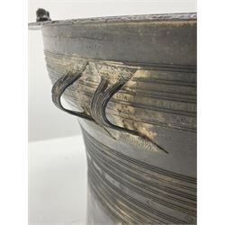 Dong Son style Southeast Asian bronze rain drum, the top decorated with concentric bands with stylised motifs and geometric shapes, central twelve point star, the tapered body with loop handles, set with small elephant and animal figures