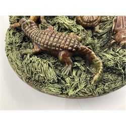 Late 19th Century Portuguese Palissy style Majolica wall plate circa 1870-80, the green moss ground applied with a Large Horned Beetle, Tortoise and Crocodile biting the tail of a Lizard, impressed 'Mafra, Caldas, Portugal' beneath, D18cm