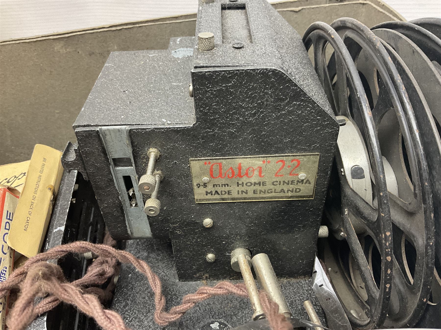 Holbeck projector, two Pathescope projectors with film, including Mail Pilot, Bean Stalk Mickey, Mickey's Pal Pluto etc