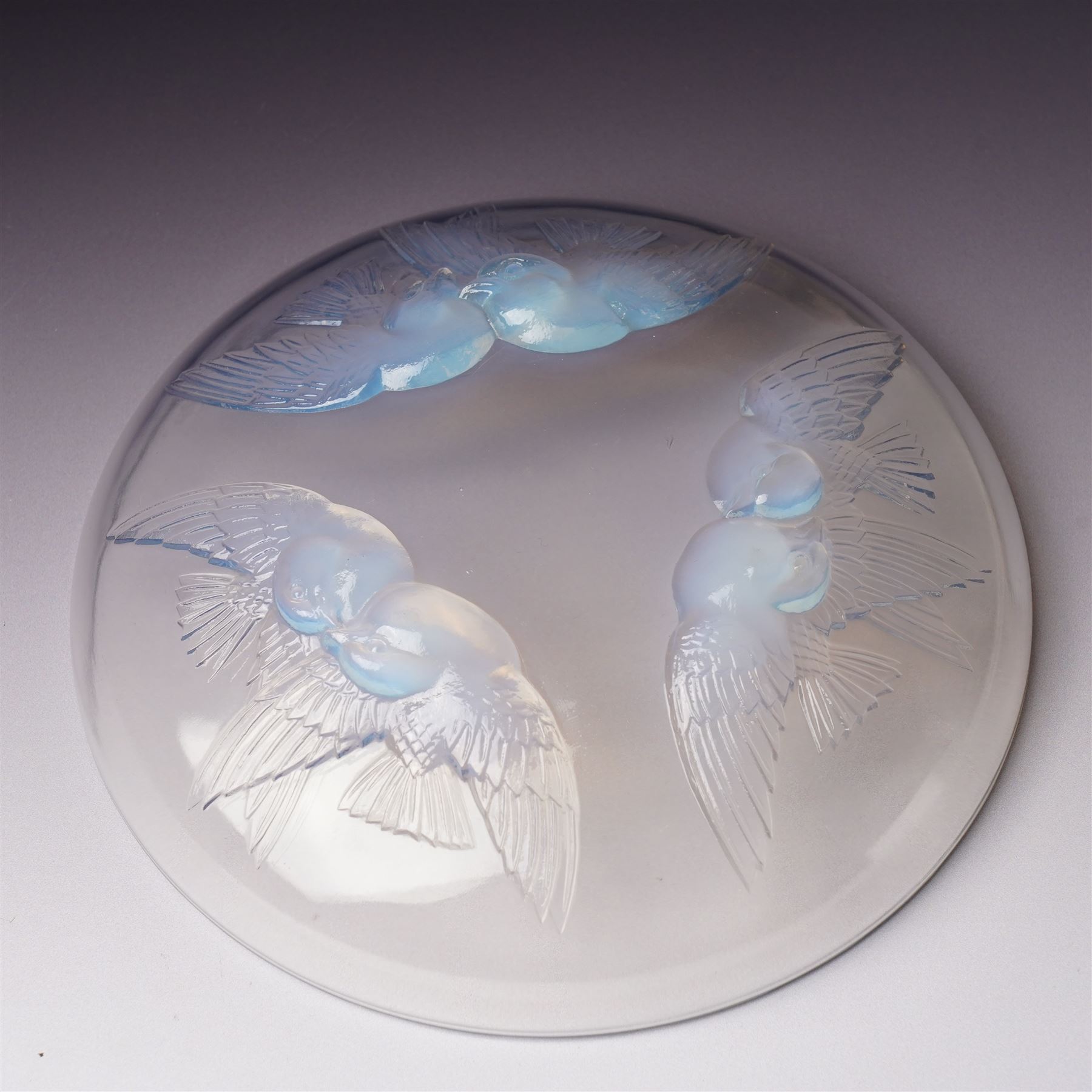 Lalique opalescent glass bowl in the 'Nonettes' pattern moulded with birds, marked R Lalique France D22cm