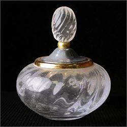  Glass vanity dish and pair of lidded vessels, retailed by Harrods, dish L17cm, H7cm