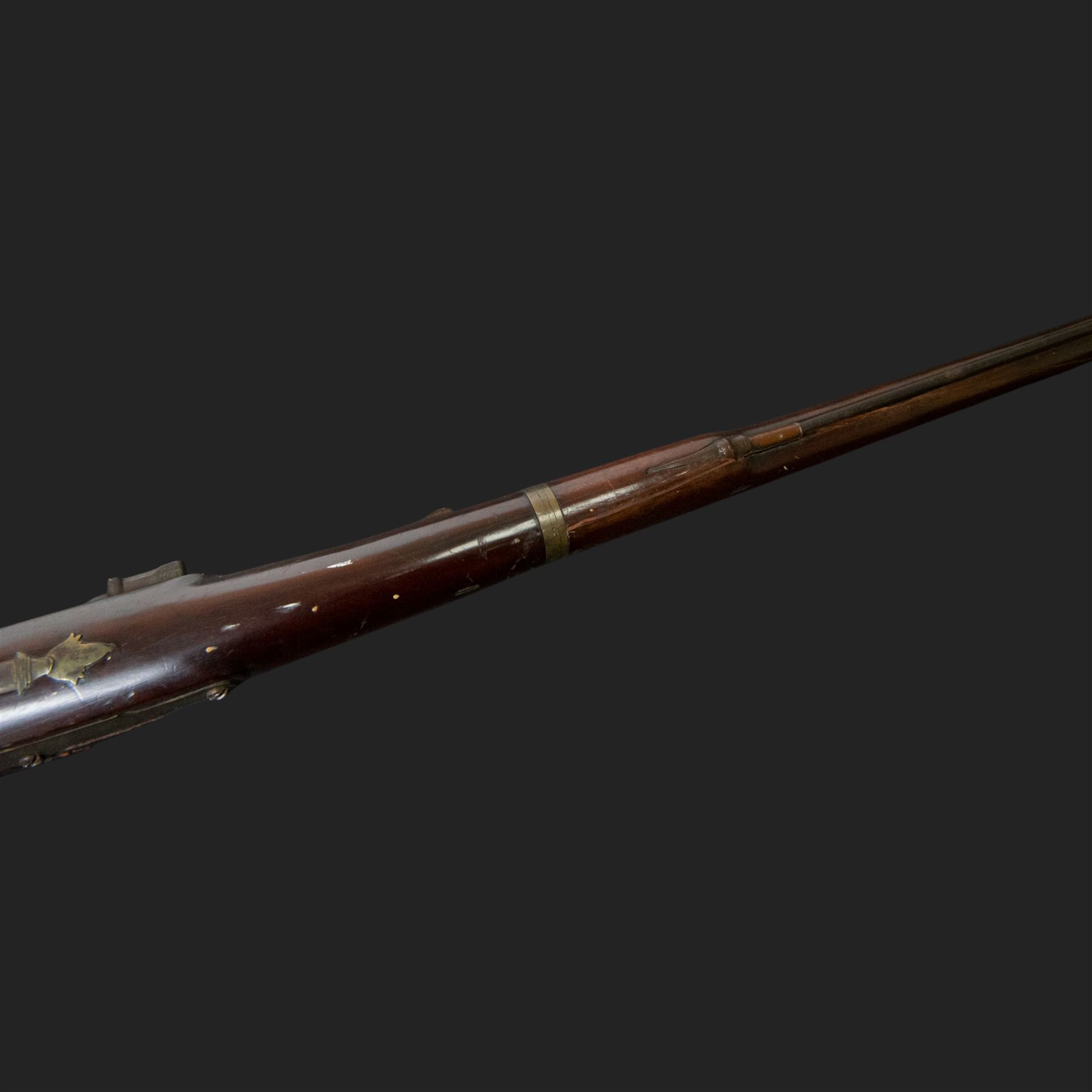 19th century Indian Brown Bess style flintlock musket, the 138cm round steel barrel ram rod beneath, overall L174cm