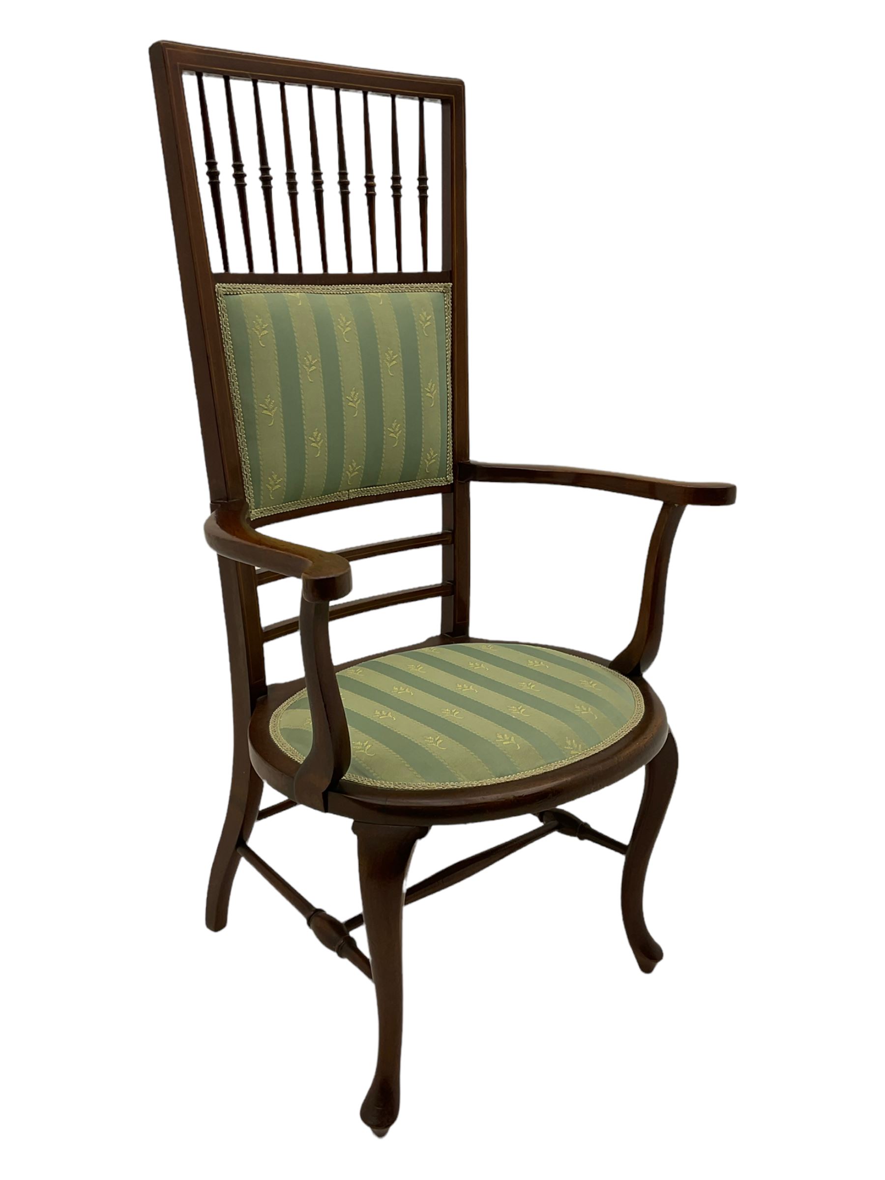 Edwardian inlaid mahogany high spindle back chair, seat and back