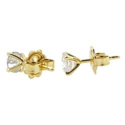 Pair of 18ct gold round brilliant cut diamond stud earrings, stamped 750, total diamond weight 1.02 carat, with World Gemological Institute Report 