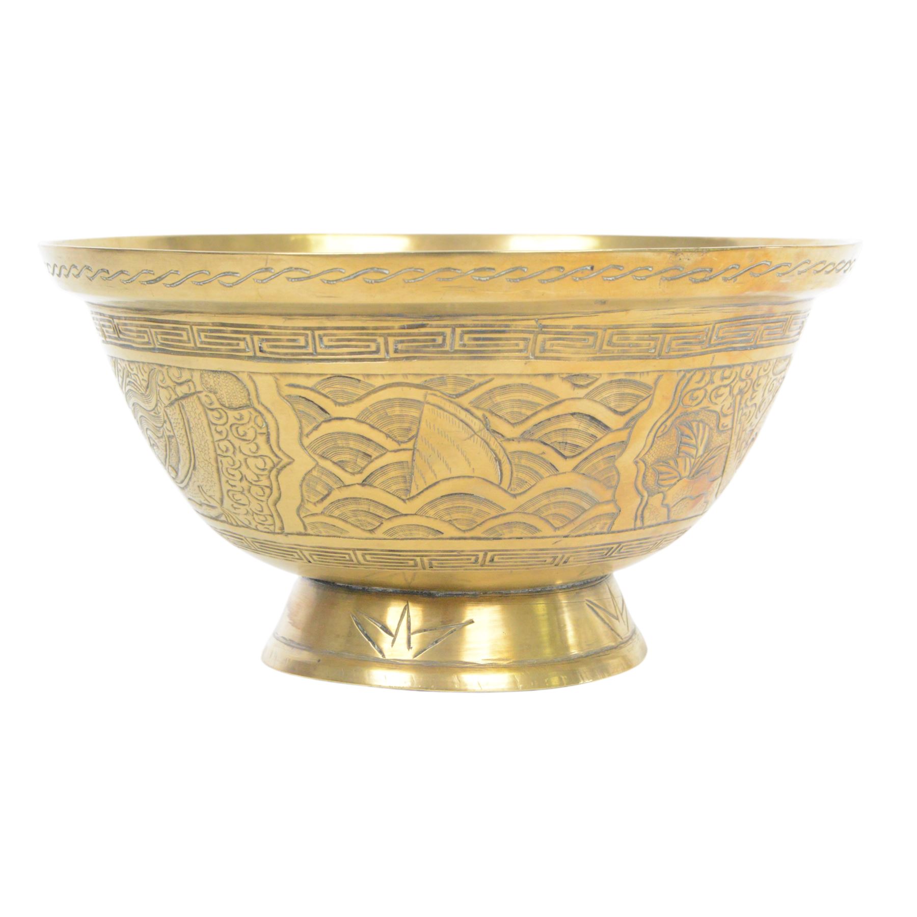 Chinese brass bowl, decorated to the outside with dragons,  upon a circular base, cast seal mark to base, D26cm