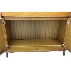 Nathan - teak wall display unit, raised display cabinet enclosed by two glazed doors, the lower section fitted with two drawers and double panelled cupboard 