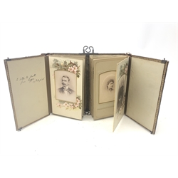  Victorian photo album, double folding embossed leather cover with brass clasps, partially stocked with cabinet portraits  